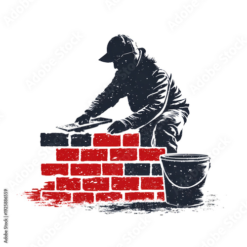 Illustration of a bricklayer constructing a wall with a bucket of mortar on the side