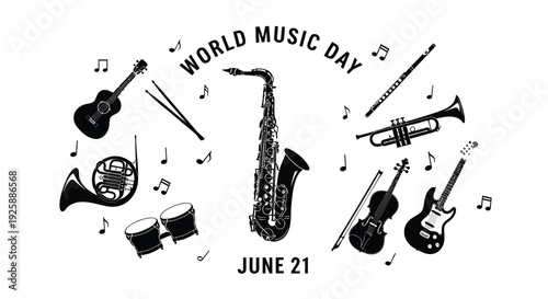 World Music Day icon set, June 21, musical instruments.