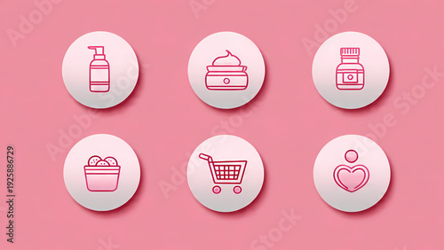 Collection of assorted cosmetic and personal care product icons, including a lotion dispenser, cream jar, and shopping cart on a pink background