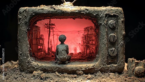 Dystopian Urban Landscape: Mixed Media TV Sculpture with Child Silhouette and Red Lighting in Abandoned City