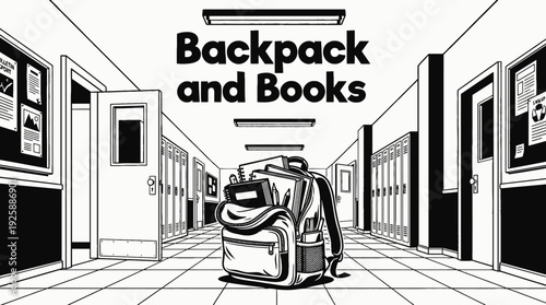 backpack filled with books in a school hallway representing academic life preparation learning journey and student routine