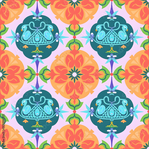 vector seamless repeating rangoli pattern in flat vector style. The design features symmetrical geometric shapes, floral motifs, peacocks, lotus flowers, and traditional oil lamps (divas).