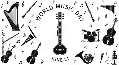 World Music Day icon set, includes musical instruments and notes. Created in black and white vector style.