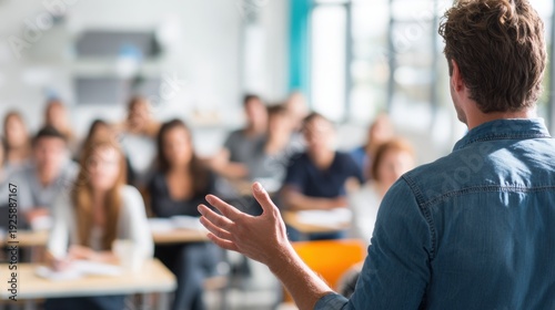 Wallpaper Mural Education training class. Knowledge learning improvement study. A man wearing a blue shirt standing in front of a classroom full of students, attentively listening to a lecture. Torontodigital.ca