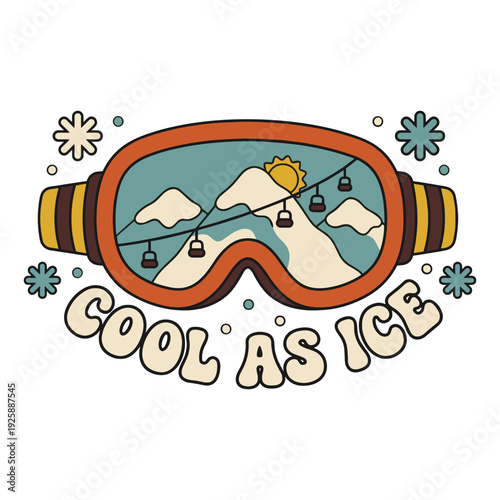 Retro Ski Goggles Illustration with Snow Mountain Reflection and Chairlift