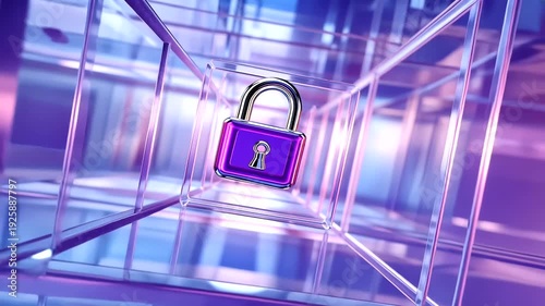 A shiny purple padlock inside transparent cubic structures in a tunnel with purple and blue hues