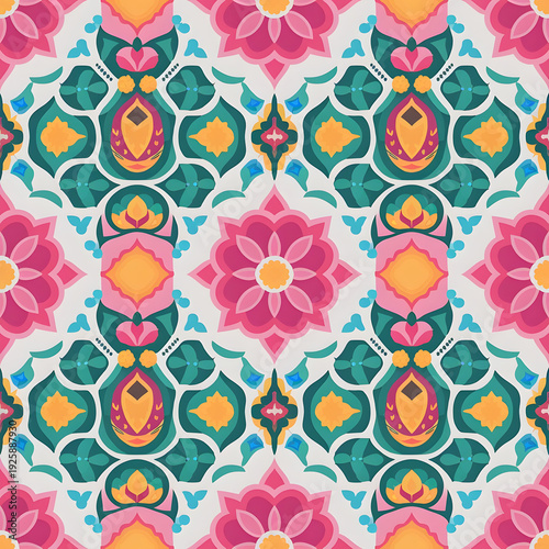 vector seamless repeating rangoli pattern in flat vector style. The design features symmetrical geometric shapes, floral motifs, peacocks, lotus flowers, and traditional oil lamps (divas).