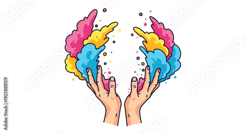 Hands releasing colorful creative thoughts and ideas into the air with vibrant pink blue and yellow clouds