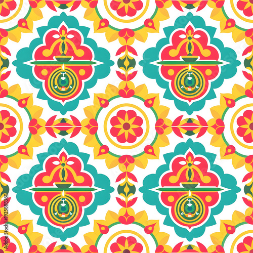 vector seamless repeating rangoli pattern in flat vector style. The design features symmetrical geometric shapes, floral motifs, peacocks, lotus flowers, and traditional oil lamps (divas).