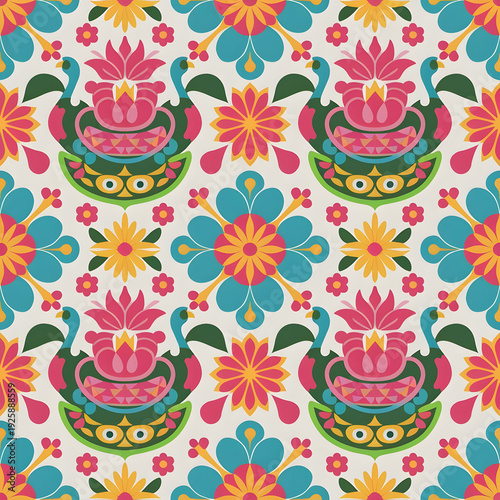 vector seamless repeating rangoli pattern in flat vector style. The design features symmetrical geometric shapes, floral motifs, peacocks, lotus flowers, and traditional oil lamps (divas).
