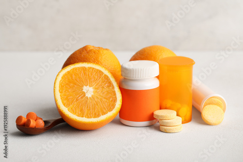Bottles of vitamin C pills,...
