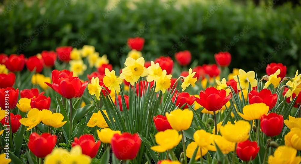 Obraz premium A vibrant garden filled with red tulips and yellow daffodils in bloom