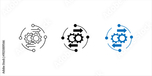 Minimal line icon set. of gears surrounded by circular arrows, representing workflow automation, continuous process improvement, and operational efficiency.