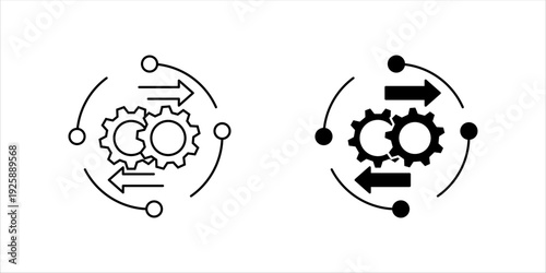 Minimal line icon set. of gears surrounded by circular arrows, representing workflow automation, continuous process improvement, and operational efficiency.