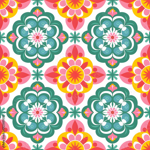 vector seamless repeating rangoli pattern in flat vector style. The design features symmetrical geometric shapes, floral motifs, peacocks, lotus flowers, and traditional oil lamps (divas).