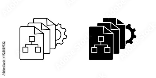 Minimal line icon set. of stacked documents with system hierarchy and gear, representing document workflow, system integration, and enterprise