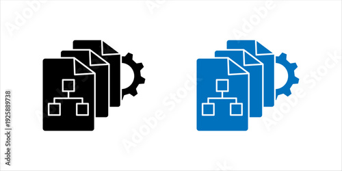 Minimal line icon set. of stacked documents with system hierarchy and gear, representing document workflow, system integration, and enterprise