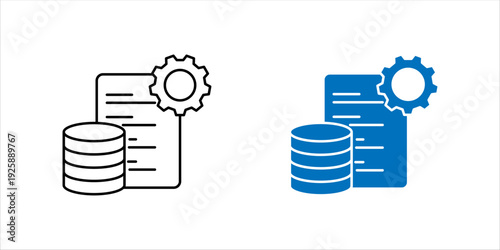 Minimal line icon SET. of database stack connected with document and gear, representing database management, system configuration, and data administration.