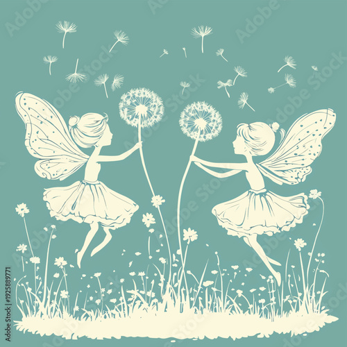 Joyful Fairies Playing with Dandelions , vector style simple color