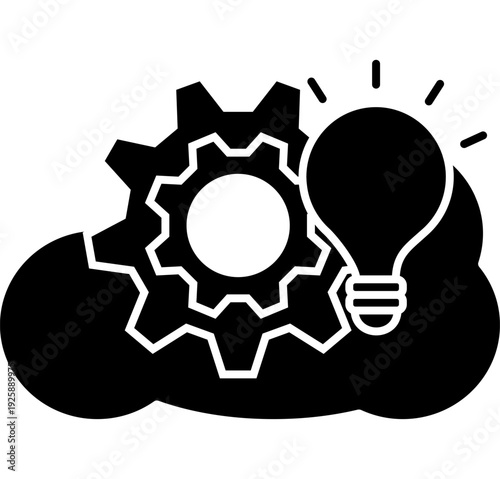 Line icon of cloud with gears and light bulb, symbolizing cloud computing, innovation, automation, and digital transformation.