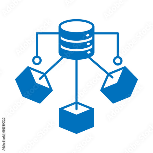 Clean outline icon showing a central database connected to multiple nodes, representing distributed systems, cloud computing, data sharing, blockchain, and decentralized infrastructure. Perfect for te