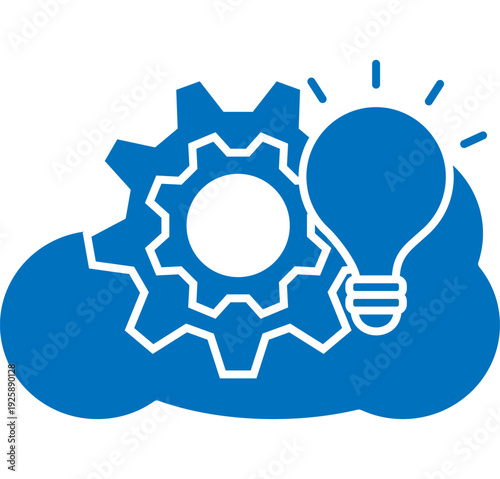Line icon of cloud with gears and light bulb, symbolizing cloud computing, innovation, automation, and digital transformation.