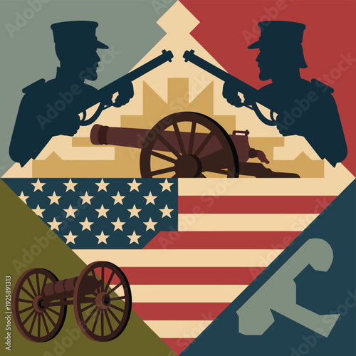 American Civil War-era soldiers with cannons and a flag