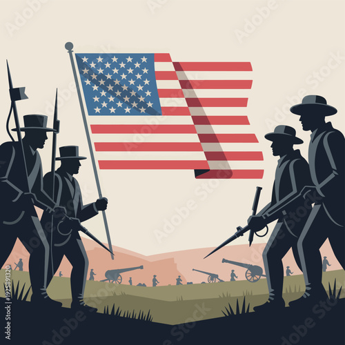 American Civil War soldiers marching with the United States flag, rifles