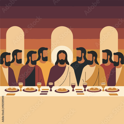 Jesus and disciples at the last supper table with bread and wine design