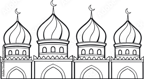 A black and white line drawing of a mosque with four domes