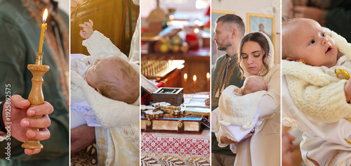Quadro em tela Baptism. Collage with photos of Christian sacrament