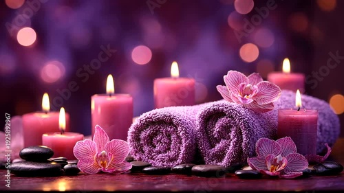 A serene spa scene with lit candles, flowers, smooth stones, and rolled towels on a dark surface