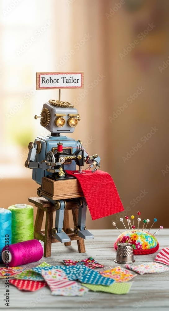 Naklejka premium A charming miniature robot meticulously stitches vibrant fabric scraps into unique garments within a quaint, creative crafting studio, efficiency, detailed, studio