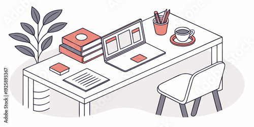 A modern workspace setup with a laptop, books, and stationery on a wooden desk