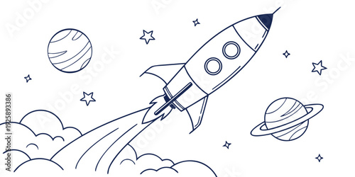 A whimsical line drawing of a rocket ascending through a dreamy space landscape with planets and stars.