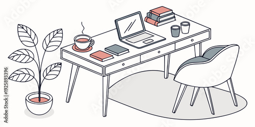 A cozy workspace with a laptop, notebook, and potted plant on a small desk.