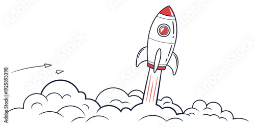 A whimsical line drawing of a rocket launching from a cloud-filled base