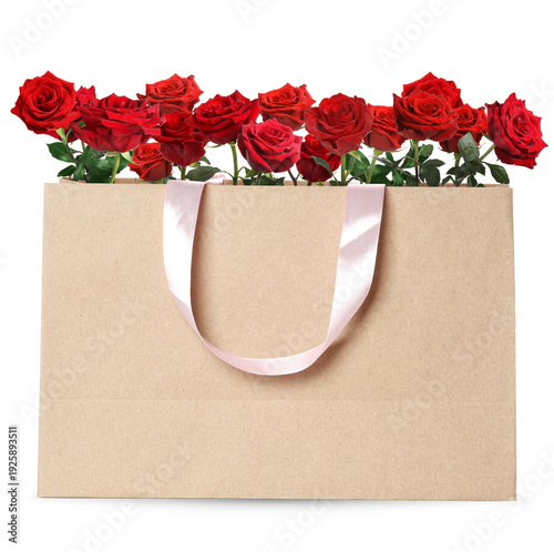 Red roses in paper bag on white background. Romantic gift