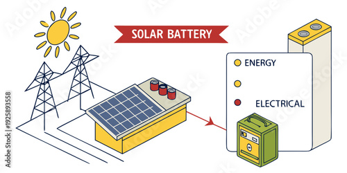 Solar energy conversion and storage process illustrated with battery and grid integration