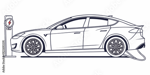 Modern electric car parked at a charging station with connected cable
