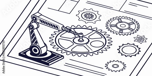Technical illustration of interconnected mechanical gears and robotic arm assembly