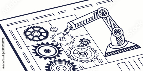 Industrial robotic arm assembling mechanical gears in a factory setting