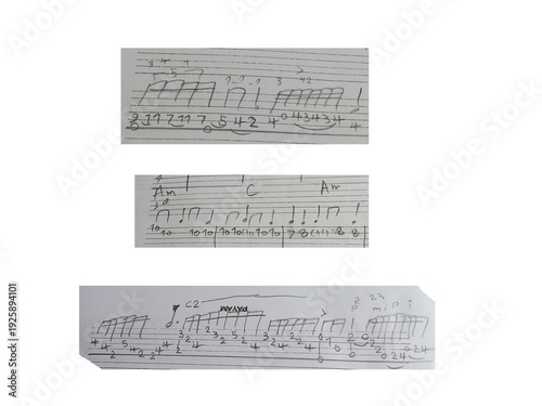 Several isolated old pieces of handwritten guitar tablature on transparent background for design