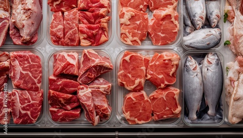 Supermarket plastic trays with uncooked meat and fish. Overhead view