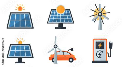 Renewable energy and electric vehicle fill icon collection. Includes solar panels, sun, wind turbines, electric car, and charging station symbols. Created in colored style with blue, orange