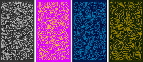 Abstract topographic line art pattern collection. Includes four seamless vector patterns in black, pink, blue, and yellow color palettes.