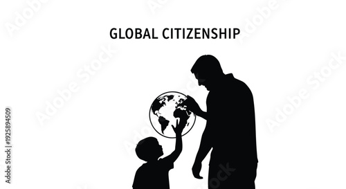Global citizenship icon set, includes globe, human, silhouette, and child symbols. Created in simple style with black and white palette