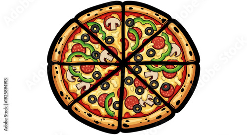 A top-down view of a delicious, freshly baked pizza with pepperoni, green peppers, black olives, and mushrooms, cut into eight equal slices.