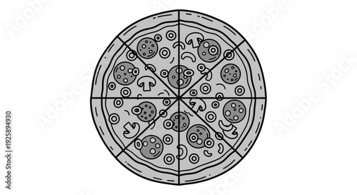 A black and white line art illustration of a whole pizza with pepperoni and mushroom toppings, sliced into eight equal portions.