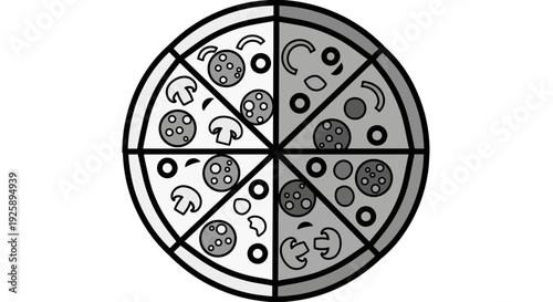 Grayscale illustration of a pizza divided into eight slices with various toppings, showing a lighter half and a darker half.